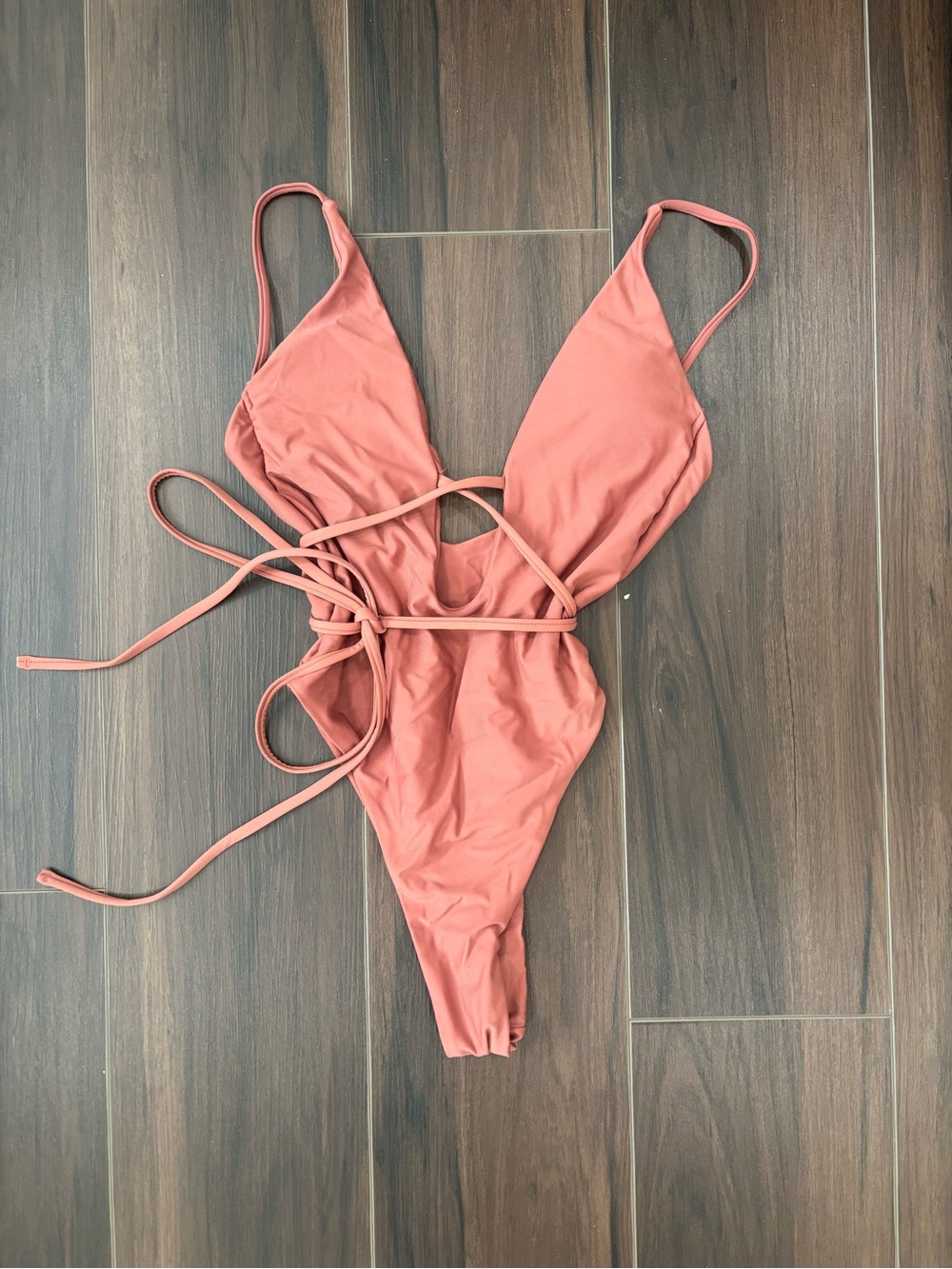 Mauve Rust Pink One-Piece Swimsuit with Wrap Tie